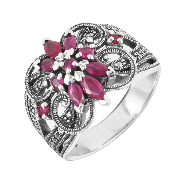 Esse Marcasite Sterling Silver Vintage Floral Red Ruby Statement Ring