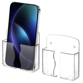 Bremorou 2 Pcs Phone Holder Wall Mounted Clear Plastic Self Adhesive with Charging Hole Shelf Stand Cell Phone Wall Mount Bedside Practical Smartphone Accessories for Home Office