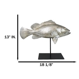 Ebros Gift Nautical Marine Wildlife Faux Taxidermy Serranidae Grouper Fish Sculpture in Silver Finish with Museum Black Pole Base Stand Coastal Ocean Wildlife Fish Accent
