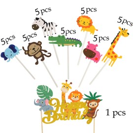 DIYASY - 36 decoraciones para tartas de safari, 1 decoración para tartas de feliz cumpleaños de animales de la selva y 35 decoraciones para cupcakes de animales para niños safari