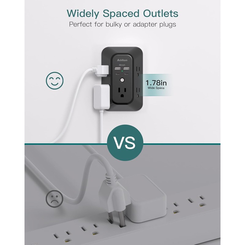 Power Bar, USB Wall Charger Surge Protector 5 Outlet Extender