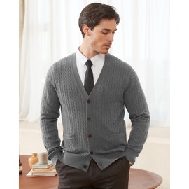 Kallspin Men's Cardigan Sweater Wool Blend V Neck Cable Knit Buttons Cardigan with Pockets(Light Grey, X-Large)