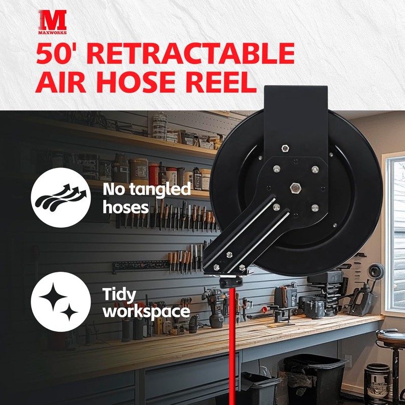 MaxWorks 50 Foot Auto Rewind Retractable Air Hose Reel with