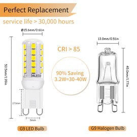 VALUCKY G9 LED Bulb Dimmable 3.2W (30-40W Halogen Bulb Equivalent), Cool White 6000K, 120V 350LM G9 Bi Pin Base Light Bulbs for Chandelier Light, No Flicker, 360° Beam Angle, 6 Pack
