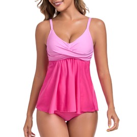 RELLECIGA Women's Tankini Swimsuits for Women V Neck Bathing Suits High Waisted Full Coverage Two Piece Swimwear, Fuchsia+Hot Pink, XX-Large