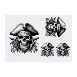 4 x 'Pirate Skull with Goatee Beard' Temporary Tattoos - Water Resistant, Skin-Safe, Non-Toxic Transfers, Mixed Sizes (TO00070384)