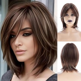 Pelucas cortas de pelo castaño estilo bob para mujeres blancas, pelucas sintéticas lisas hasta los hombros para cosplay.