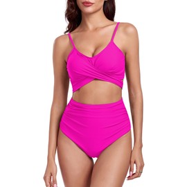 Durio Two-Piece Bikini Set Bathing Suits for Women High Waisted Swimsuits With Push Up Bikini Top & Bottoms Tummy Control Vintage Swimwear Hot Pink Medium
