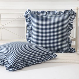 Mywinlle Navy Blue Plaid Ruffle Throw Pillow Covers Pillow Shams 20"x20",2 Pack Vintage Checkered Decorative Washed Cotton Pillow Cases for Bed, Sofa, Living Room