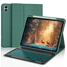 IVEOPPE Keyboard Case for Xiaomi Redmi Pad Pro 12.1 Inch 2024/Xiaomi Poco Pad 12.1", 7 Colors Backlit, Detachable Bluetooth Wireless Keyboard Slim PU Stand Cover with Pencil Holder,Deep Green