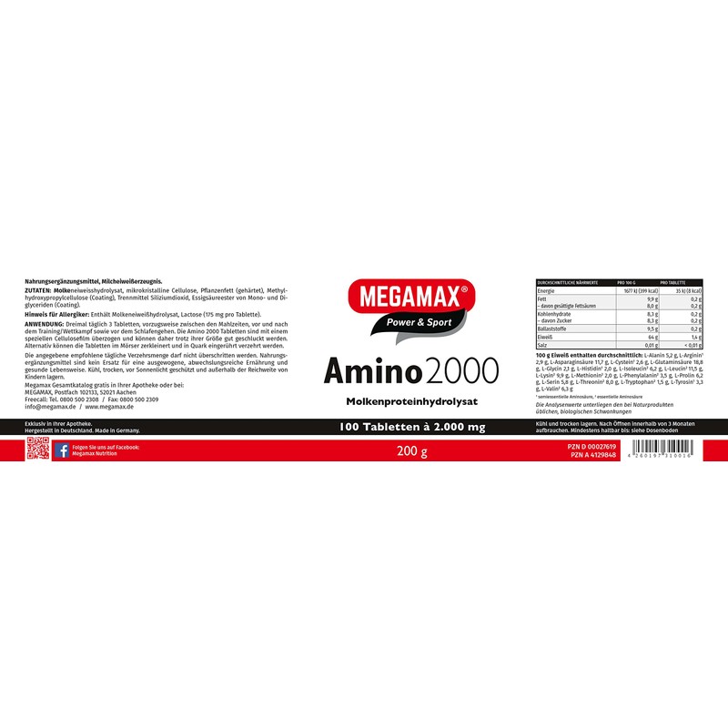 Megamax Amino 2000 Amino Acid Tablets, 100 Tablets, Pure Whey