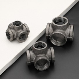Home Expert Pipe Fittings 3/4" Metal Pipe, 4 Pack 5-Way Side Outlet Tee Malleable Cast Iron Threaded Pipe Fittings for Industrial Pipe Shelves Bracket, Industrial Vintage Furniture