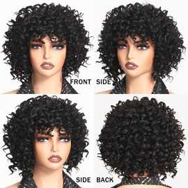 X-TRESS Kinky Curly black Wear and Go Synthetic Wig with Bangs, High-Temperature Fiber, Short Curly Afro Wig for Black Women (Durable & Heat-Resistant & No Glue Needed)