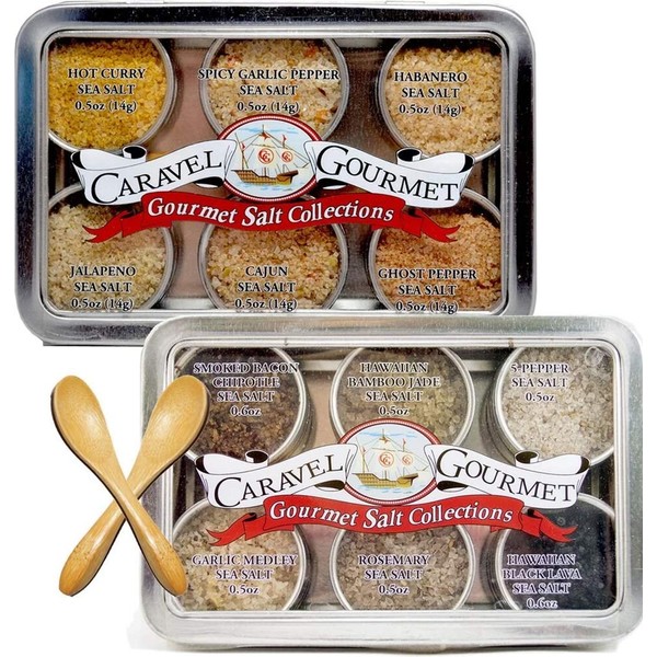 The Infused Sea Salt + Spicy Salt Sampler Set - 12 Varieties with Bamboo Spoon - Delicious Infused & Spicy Salts in Beautiful, Charming Sets - by Caravel Gourmet