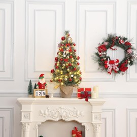 3ft Pre-Lit Artificial Mini Christmas Tree with Vintage Potted Base, Christmas Tree with Flocked Snow 78 White Led Lights and Red Berries, Holiday Decor for Home, Entrances, Bedroom