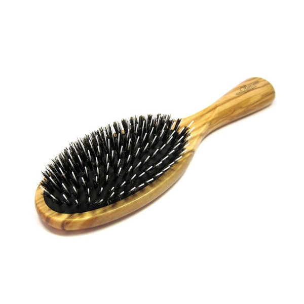 Golddachs Pneumatic Hair Brush 100% Wild Boar Bristles with Rounded Hairdresser Pins in Olive Wood 11 Rows