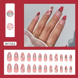 Strawberry Press on Nails Pink French Tip Fake Nails Flower False Nails Strawberry French Tip Fake Nails Full Cover Acrylic Nails for Woman Girls Manicure Nail Accessories 24Pcs (07-pink strawberry)