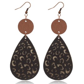 Boho Vintage Wooden Leather Round Geometric Earrings Retro Hollow Out Circle Waterdrop Earrings Lightweight Statement Jewelry Suitable for Women (Black Earring)