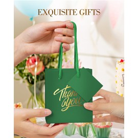 EQOREIIN 50 Pcs White Small Gift Bags with Handles 4 x 2.75 x 4.5 Inches Mini Thank You Gift Bags Party Favor Bags Kraft Paper Bags Bulk for Mother's Day Baby Shower Birthday(green)
