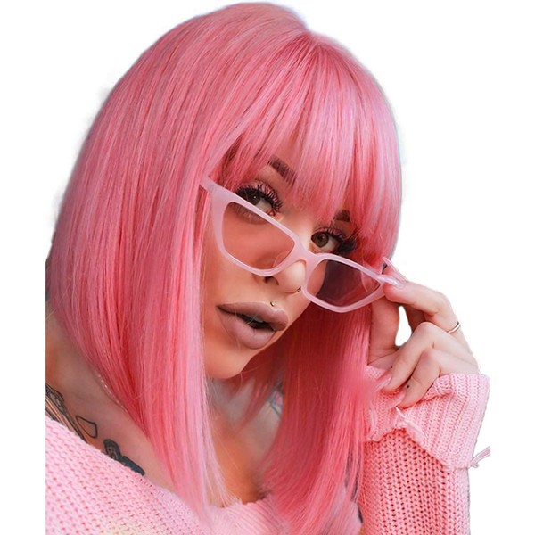 Bob Wig Pink with Fringe for Women Girls Short Straight Colourful Synthetic Cosplay Daily Wig for Women Pink Wig 002W