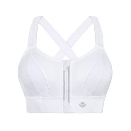 YIANNA Women Sports Bra High Impact for Large Breasts Front Zip Fastening Bras Padded Adjustable Strap Wirefree Gym Yoga Crop Top White, 151 3XL