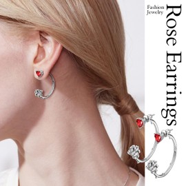 Beautlace Rose Hoop Earrings Sliver Plated Cute Elegant Rose Flower Hoop Earrings with Birthstone Jewelry Gifts for Women KE0102W