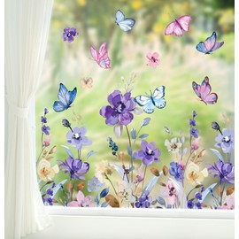FYSUIMU Butterfly Floral Window Clings Purple Pink Flower Window Decals Reusable PVC Stickers for Spring Window Glass Mirror Decoration, 4 Sheet, 46Pcs