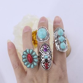 ANGLEQUEEN Turquoise Western Rings for Women Vintage Stackable Knuckle Ring Set Western Country Rings Turquoise Finger Ring WesternCountry Costume Accessories for Women (Style2)