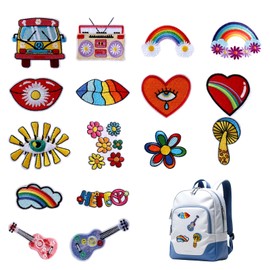 Qwrqwr Children's 16 Pieces Hippie Style Iron-On Patches Kit Iron-On Patches Vintage Embroidery Set for Adults Colourful Repair Decoration for Jeans Backpack Jackets Textiles for DIY Crafts