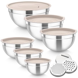 TeamFar Mixing Bowls, 6PCS Stainless Steel Mixing Salad Bowl Nesting Bowls with Lids & 3 Grater Attachments, for Food Cooking Baking Storing, Healthy, Khaki - 4.6/2.6/2 / 1.5/1 / 0.7 QT