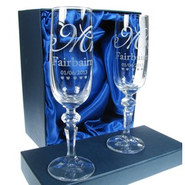 Bride and Groom Gifts, 24% Lead Crystal Engraved Wedding Champagne Flutes, 'Mr & Mrs Flutes' with Pretty Love Heart Details