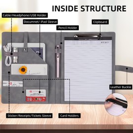 Padfolio Portfolio Leather Binder, Interview Legal Document Organizer, Padfolio Clipboard Folder, Business Card Holder Included 2pcs Letter Sized Writing Pad (Gray)
