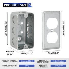 XGGYA Box Cover Set,Galvanized Steel,4"×2" Electrical Outlet Boxes and Outlet Covers for Duplex Receptacle,8×1/2'' in Side and 2×1/2'' in Bottom Knockouts,Thickness 1.6mm Handy Box,Drawn Construction