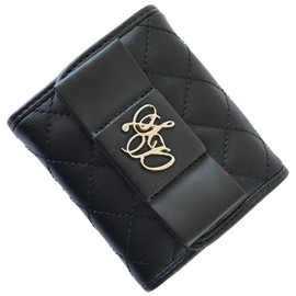 SecretDoor 333043-01 Black Trifold Wallet, Women's, Trifold Wallet, Compact Wallet, Mini Wallet, Women's, Mini Brand, Cute, Compact, Easy to Use, Large Capacity, Coin Purse Included, Ribbon, Logo, Bi-Color, Piping, Quilted