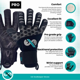 ExE-GK Goalkeeper Gloves for Adults Youths Boys and Girls Latex with Grip Professional Premium Quality for games and training Double wrist strap for support Negative cut for comfort and feel (Pro, 8)