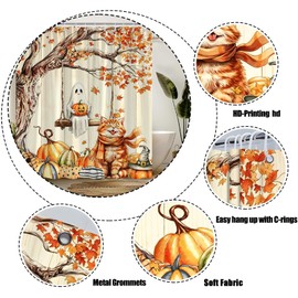 AEMBEE Fall Halloween Shower Curtain Cute Cat with Ghost Thanksging Pumpkins Autumn Cozy Funny Polyester Fabric Bathroom Curtain 70x70 Inch with 12 Hooks,Blue