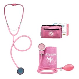 Kit Baumanómetro Aneroide Checkatek con Estetoscopio Transparente, Medidor de Presión Arterial Manual para Adulto, Tensiometro de Brazo con Brazal Ajustable, Equipo Médico Básico con Estuche (Rosa)