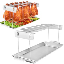 Chicken Leg Rack for Grill with Drip Tray - 12 Slots Drumstick Rack for Smoker, BBQ, and Lollipop Holder - Premium Stainless Steel Chicken Drumstick Holder for Roasting and Smoking