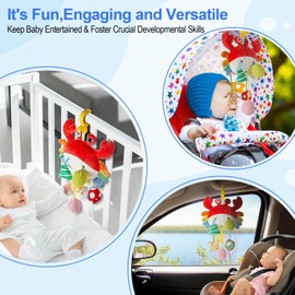 Car Seat Toy for Babies 0-6 Months, Stroller Toy with a Convenient clip, Carseat Toys Hanging Baby Accessories,Built-In Bell, Rattle,Squeaky,Mirror for infant,Babies Gift 0-3-6-12 months Boy Girl