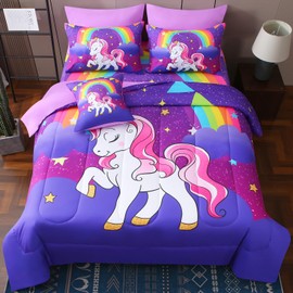 JQinHome Unicorn Full Bedding Sets for Girls Kids,8 Piece Bed in A Bag 3D Purple Rainbow Theme Unicorn Comforter Set with Sheet Set(Rainbow)