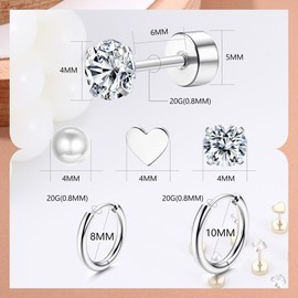 Dochais 5 Pairs Titanium Earring Set, 14K Gold Hoop Earrings, Small, 20G Hypoallergenic Stud Earrings, AAAAA Cubic Zirconia Heart Beads Earrings for Men and Women, Cartilage Huggie Hoop (Gold, Silver,