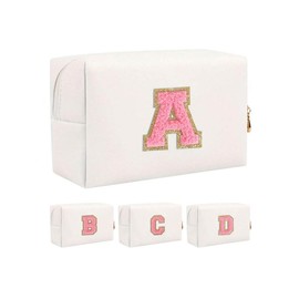 Letter Patch Makeup Bag,  Travel Bag, Portable Chenille Letter Cosmetic Bag with Zipper, Waterproof Travel Toiletry Bag Monogram Make Up Pouch for Women Girls - Color: White, Size: Letter-A