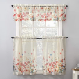 No. 918 Rosalind Watercolor Floral Semi-Sheer Rod Pocket Kitchen Curtain Valance and Tiers Set, 54" x 24", Poppy Red