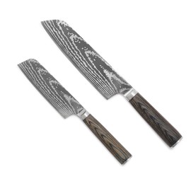 GreenPan GreenPan x Bobby Flay 5 & 7 Santoku Knife Set, Premium Stainless Steel Blades, Precision Cutting Kitchen Tools, Ultra-Versatile Cutlery, Hand Finished Wood Handle, Damascus Steel Design