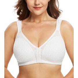 DotVol Women's Full Figure Front Closure Wirefree Jacquard Back Support Posture Bra(White,46D)