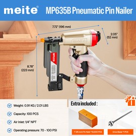 meite MP635B Pin Nailer with 10000pcs 1" Pin Nails, Pneumatic 23 Gauge Pin Nailer, Air Micro Pin Nail Gun, Fits 1/2" to 1-3/8" 23 Gauge Pin Nails, Ideal for Paneling, Small Trim