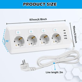 4 Fach Ecksteckdose mit Schaltern, Steckdosenleiste Ecke mit 2 USB und 2 Type-C, Ecksteckdosenleiste mit Überspannungsschutz, Tischsteckdose 2M Kabel, für Küche, Schreibtisch & Büro