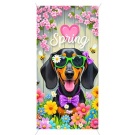 BlissYard - Cubierta de puerta de resorte para puerta de 70 x 35 pulgadas, diseño de telón de fondo floral para perro y primavera con diseño de feliz primavera, decoración de puerta de resorte para
