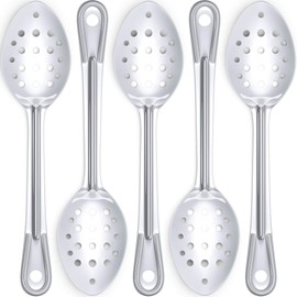 Super Strong, Ergonomic 11 in Serving Spoon 5 Pk. Big, Perforated Stainless Steel Spoons for Cooking, Baking and Basting. Best Kitchen Flatware for Buffet and Banquet Service in Restaurants and Homes