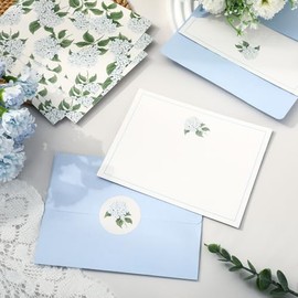 AnyDesign Paquete de 24 tarjetas de papelería florales azules con sobres, flores de hortensia, tarjetas de notas en blanco, azul y blanco, tarjeta de 